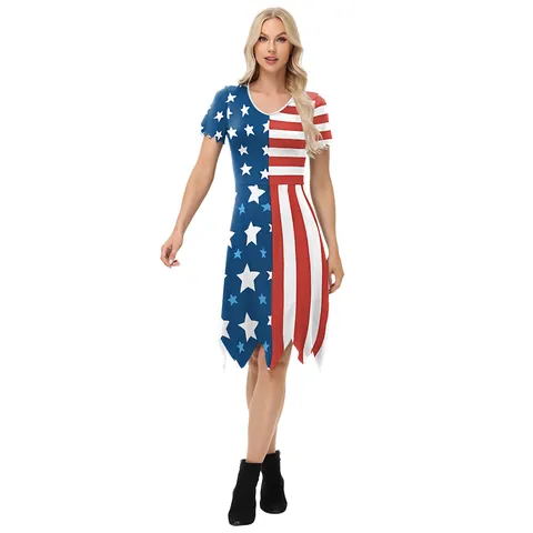 Women Independence Day Dress American Flag Bald Eagle Short Sleeve V-Neck Irregular Sharkbite Hem 3D Digital Print Patriotic Midi Dress