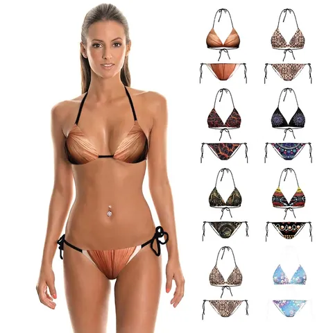Ensemble Bikini Sexy pour Femmes Imprimé Numérique Haut Triangle Dos Nu Et Bas de Bikini à Nouer Maillot de Bain Deux Pièces
