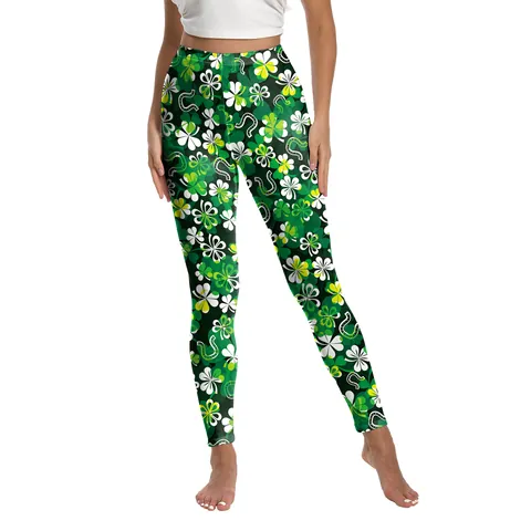 Women St Patrick's Day Shamrock Print High Waist Leggings Green Leprechaun Clover Skinny Yoga Pants Holiday Tights