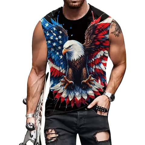 Men's Patriotic Tank Top Casual Sleeveless Shirt With 3D Digital Bald Eagle American Flag Print Summer Round Neck Vest