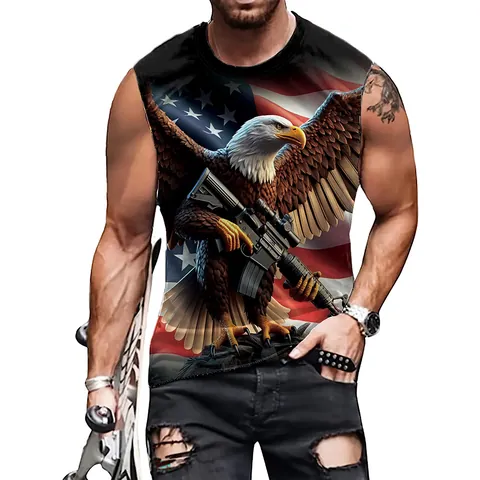 Men's Patriotic Tank Top Casual Sleeveless Shirt With 3D Digital Bald Eagle American Flag Print Summer Round Neck Vest
