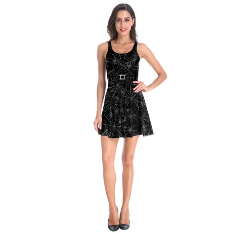 Vestido Acampanado Sin Mangas de Halloween para Mujer Estampado de Telaraña Gótica Cuello Redondo Ajustado para Fiesta