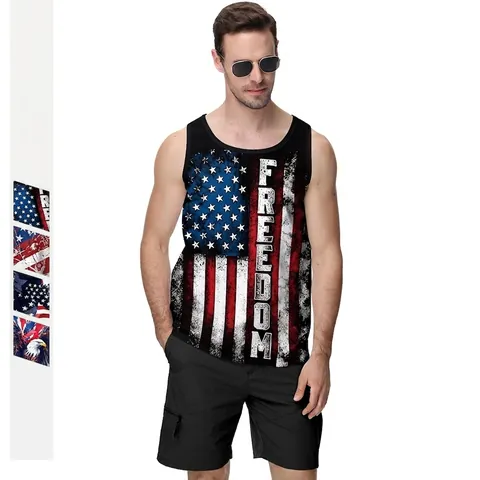 Men Independence Day Tank Top USA Flag Sleeveless Shirt Freedom Eagle Graphic Retro Summer Breathable Mesh Vest Top