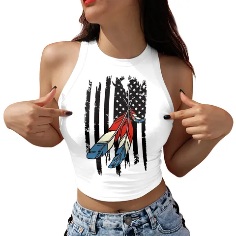 Damen Unabhängigkeitstag Amerikanische Flagge Druck Crop Tank Top Ärmellos Rundhals Schmetterling Herz Feder Sommer Slim Fit Weste