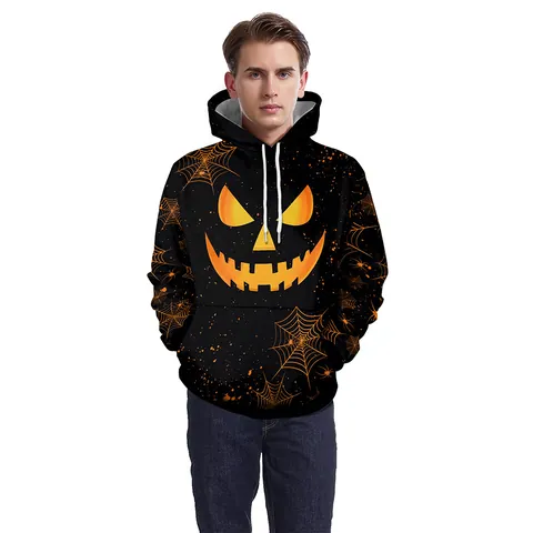 Women Men Halloween Pumpkin Face Print Hoodie 95% Polyester 5% Spandex Long Sleeve Sweatshirt With Drawstring Hood Pocket