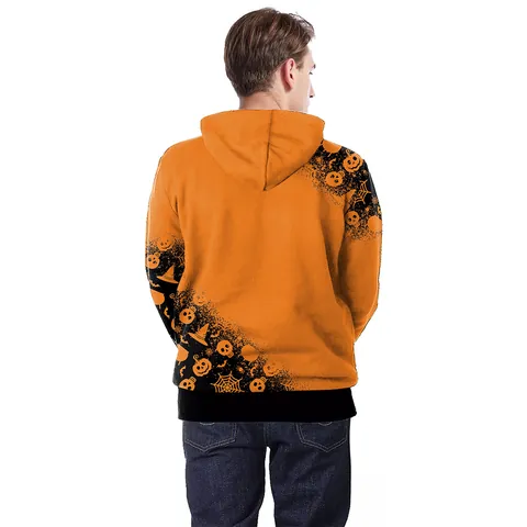 Women Men Halloween Pumpkin Face Print Hoodie 95% Polyester 5% Spandex Long Sleeve Sweatshirt With Drawstring Hood Pocket