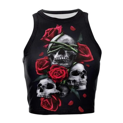 Halloween Women Gothic Skull Rose Flame Print Sleeveless Crop Tank Top Polyester Spandex Slim Fit Round Neck Vest