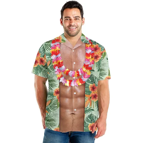 Men Hawaiian Shirt Funny 3D Muscle Print Tropical Floral Short Sleeve Beach Party Holiday Casual Button Down Top
