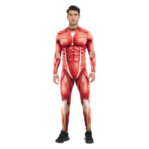 Body da Uomo con Stampa Digitale Realistica Anatomia Muscolare Manica Lunga Halloween Cosplay Party Slim Fit Tuta Skinny per Uomo
