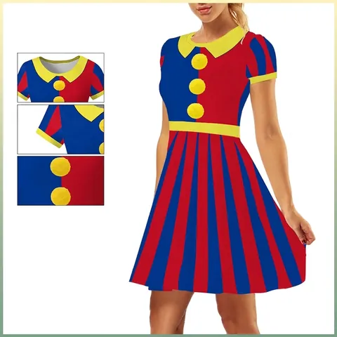 Robe de Cosplay de Clown de Cirque pour Femmes Impression Numérique 3D Polyester Manches Courtes Col Claudine Costume de Fête