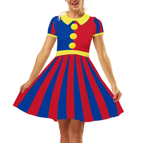 Robe de Cosplay de Clown de Cirque pour Femmes Impression Numérique 3D Polyester Manches Courtes Col Claudine Costume de Fête