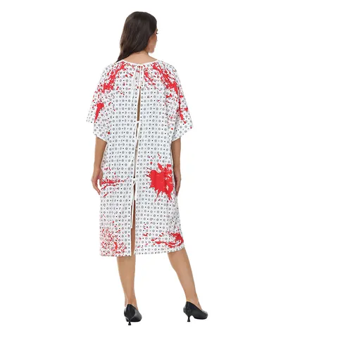Adult Women Halloween Horror Bloodstain Patient Gown Costume Scary Nurse Role Play Dress Headband Haunted House Party Apparel