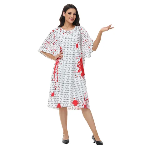 Adult Women Halloween Horror Bloodstain Patient Gown Costume Scary Nurse Role Play Dress Headband Haunted House Party Apparel