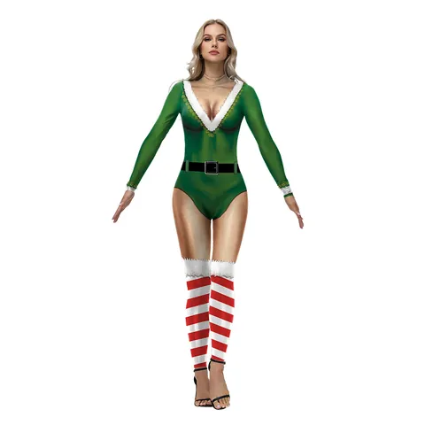 Women Christmas Elf Bodysuit And Striped Thigh High Socks Polyester Spandex V-Neck Plush Trim Festive Party Costume