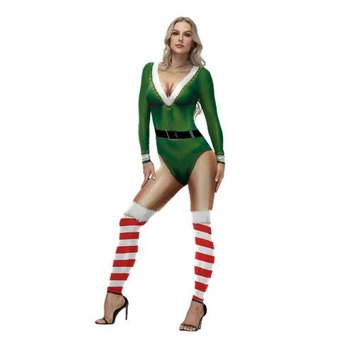 Women Christmas Elf Bodysuit And Striped Thigh High Socks Polyester Spandex V-Neck Plush Trim Festive Party Costume