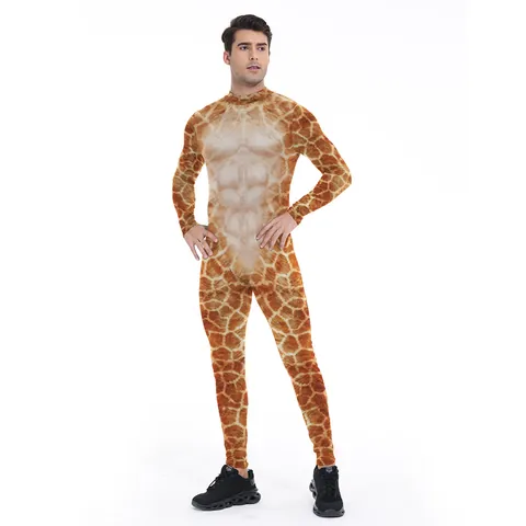 Adults Animal Print Body Suit Skinny Long Sleeve Jumpsuit For Halloween Party Cosplay Animal Skin Texture Muscle Print Adult Unitard