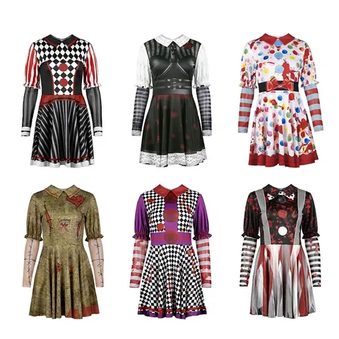 Damen Halloween Horror Clown Cosplay Kleid 3D Digitaldruck Langarm Gothisch Partykleid Blutspritzer Gestreiftes Minikleid