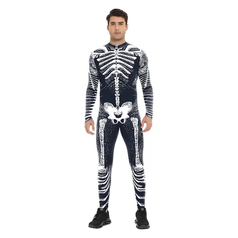 Men Halloween Skeleton Print Jumpsuit 3D Digital Printed Full Body Unitard Polyester Spandex Slim Fit Scary Costume For Party