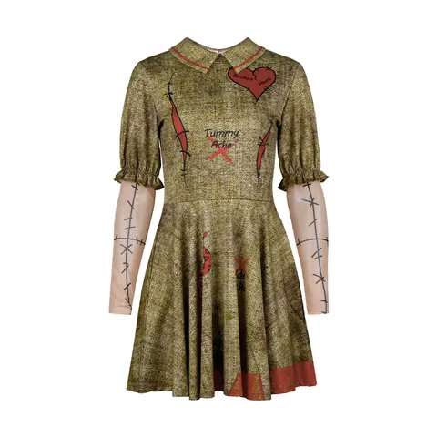 Damen Halloween Horror Clown Cosplay Kleid 3D Digitaldruck Langarm Gothisch Partykleid Blutspritzer Gestreiftes Minikleid