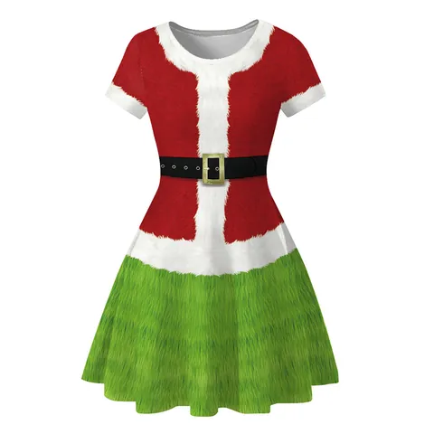 Women Christmas Short Sleeve Dress Round Neck A Line Festive Party Dress Grinch Santa Elf Digital Printing Holiday Outfit
