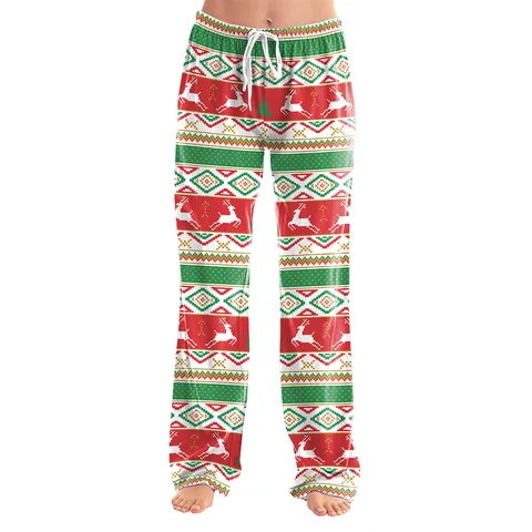 Women Christmas Santa Claus Print Lounge Pants Loose Straight Leg Drawstring Pajama Bottoms Festive Casual Home Trousers