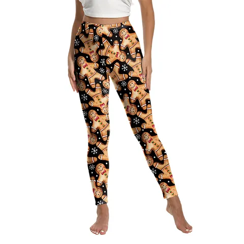 Leggings de Noël pour Femmes Taille Haute Pantalons de Yoga Avec Imprimé Bonhomme de Pain d'Épices Flocon de Neige Polyester