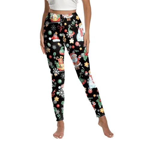 Women Christmas Printed Leggings High Waisted Yoga Pants Festive Santa Snowman Reindeer Pattern Slim Elastic Trousers
