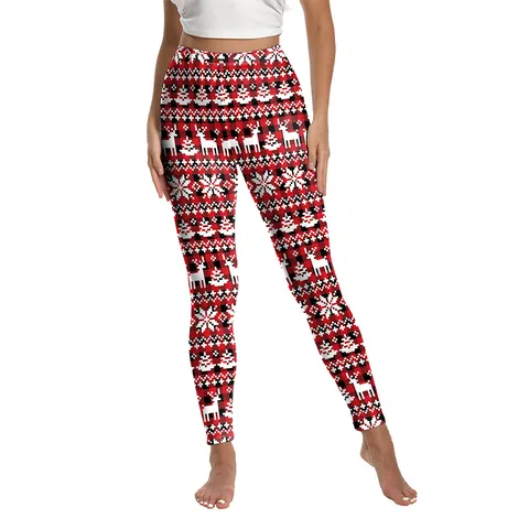 Women Christmas Printed Leggings High Waisted Yoga Pants Festive Santa Snowman Reindeer Pattern Slim Elastic Trousers