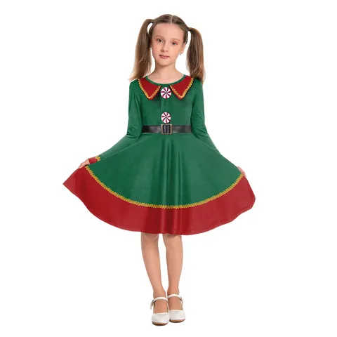 Mädchen Weihnachtself Kleid 3D Digitaldruck Langarm Gestreift Festlich Feiertag Party Kostüm Kinder Performance Kleidung