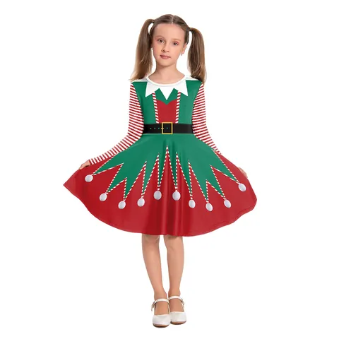 Mädchen Weihnachtself Kleid 3D Digitaldruck Langarm Gestreift Festlich Feiertag Party Kostüm Kinder Performance Kleidung