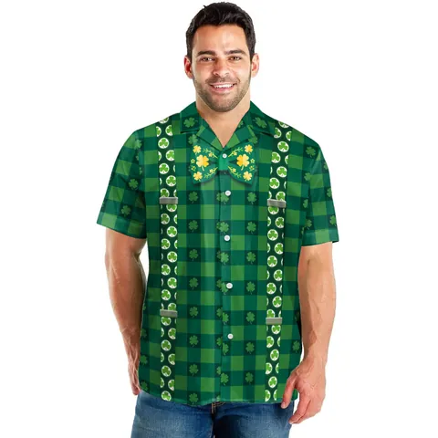 Men St. Patrick's Day Short Sleeve Shirt Clover Shamrock Plaid Print Button Down Festive Party Costume Casual Tops