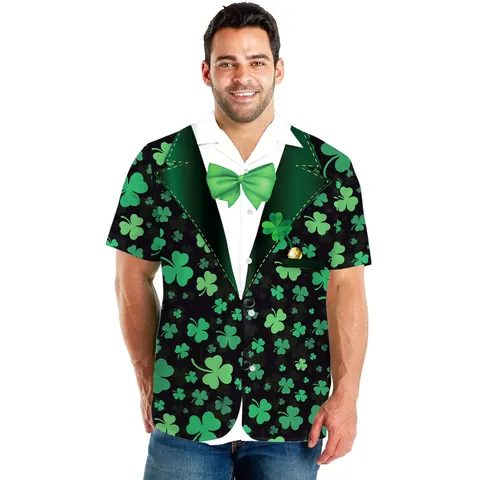 Men St. Patrick's Day Short Sleeve Shirt Clover Shamrock Plaid Print Button Down Festive Party Costume Casual Tops