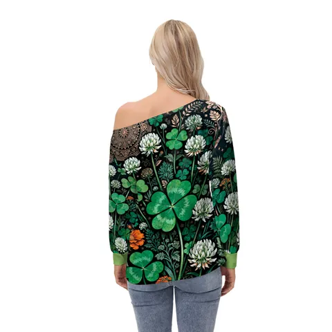 Women's St. Patrick's Day Shamrock Print Long Sleeve T-Shirt Tie-Dye Off-Shoulder Polyester Casual Green Holiday Festive Top