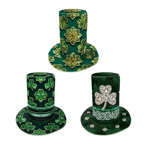 St. Patrick's Day Zylinder Hut Grün Kleeblatt Pailletten Strass Festival Kostüm Zubehör Für Erwachsene Kinder Party Kleidung Keltischer Knoten Dekor