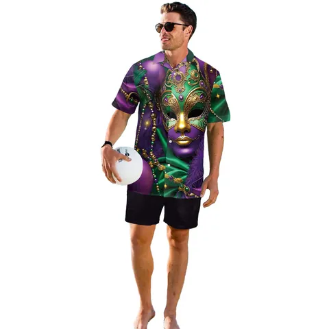 Mardi Gras Men's Short Sleeve Shirt 3D Venetian Mask Print Casual Button Down Holiday Carnival Party Beach Top