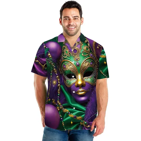 Mardi Gras Men's Short Sleeve Shirt 3D Venetian Mask Print Casual Button Down Holiday Carnival Party Beach Top