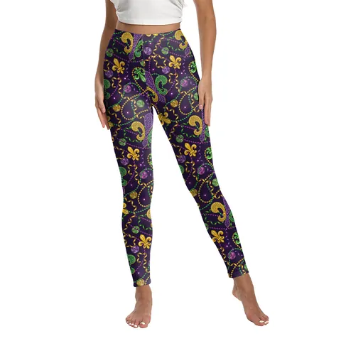 Mardi Gras Mask Fleur De Lis 3D Digital Print Leggings High Waist Stretchy Yoga Pants Purple Green Gold Party Tights Women