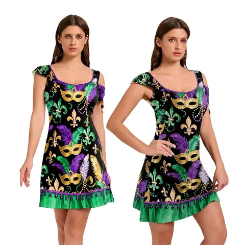 Abito Donna Mardi Gras Stampa Carnevale Spalle Scoperte Orlo a Volant Maschera Piuma Motivo Festivo Party Mini Abito