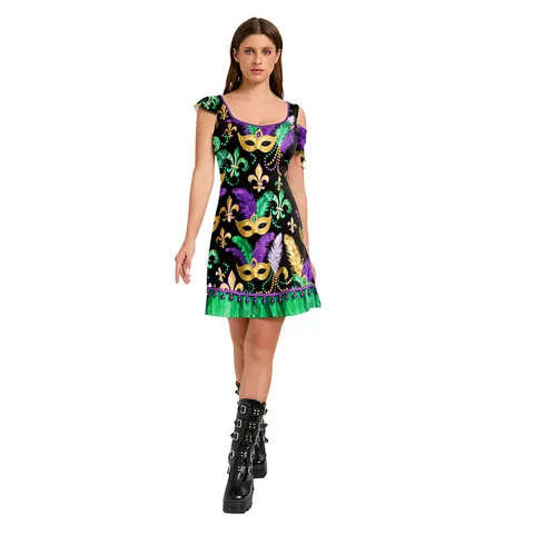 Abito Donna Mardi Gras Stampa Carnevale Spalle Scoperte Orlo a Volant Maschera Piuma Motivo Festivo Party Mini Abito