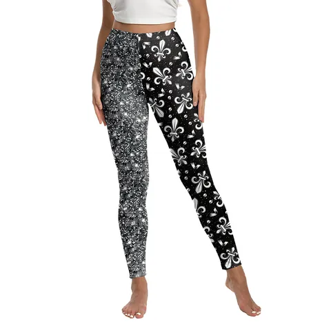 Women's Mardi Gras Carnival High Waisted Leggings Fleur De Lis Harlequin Pattern Printed Yoga Pants Slim Fit Stretchy Festive Bottoms
