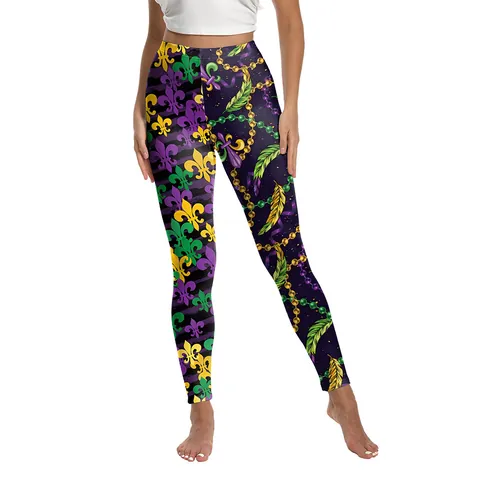 Women's Mardi Gras Carnival High Waisted Leggings Fleur De Lis Harlequin Pattern Printed Yoga Pants Slim Fit Stretchy Festive Bottoms