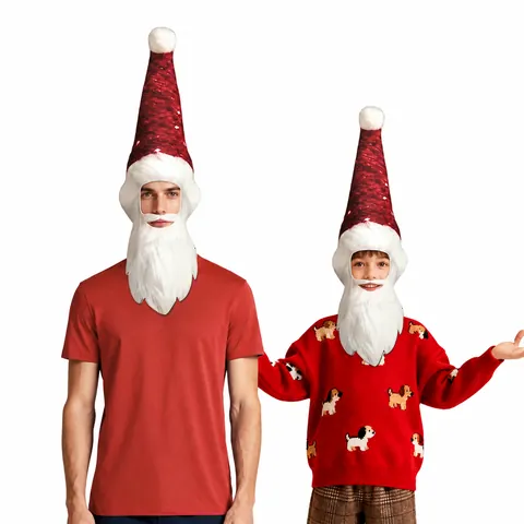 Divertido Gorro de Papá Noel Con Barba Blanca Larga Máscara de Disfraz de Novedad Para Adultos Niños Actuación Gorro de Lentejuelas Rojas