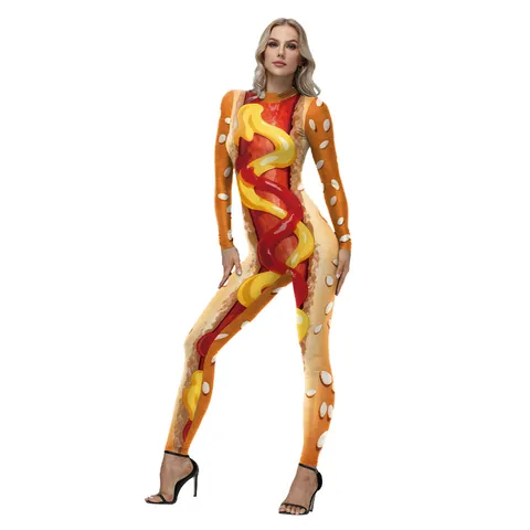 Women's Funny Hot Dog 3D Print Jumpsuit Long Sleeve Standing Collar Slim Fit Cosplay Bodysuit For Halloween Party Fancy Dress