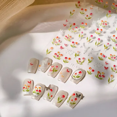 Pegatinas 3D para Uñas de Tulipán y Mariposa M-1006 Ultrafinas con Relieve Floral Lazo Decoración de Manicura con Pegamento