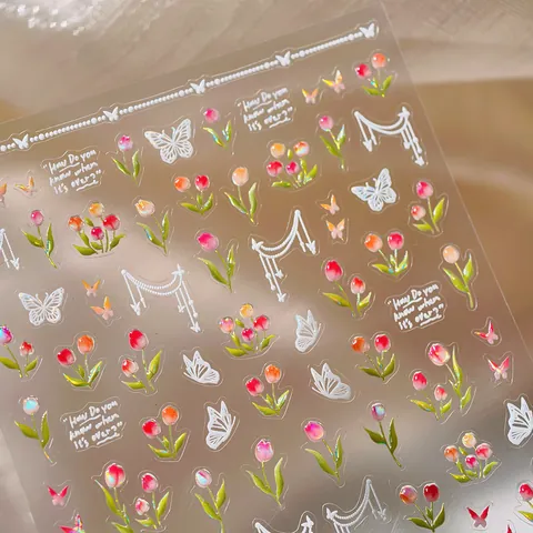 Pegatinas 3D para Uñas de Tulipán y Mariposa M-1006 Ultrafinas con Relieve Floral Lazo Decoración de Manicura con Pegamento
