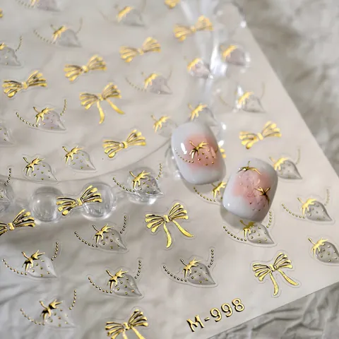 Pegatinas para Uñas con Relieve 3D Dorado Estampado en Caliente Lazo Fresa DIY Nail Art Decals para Decoración de Manicura