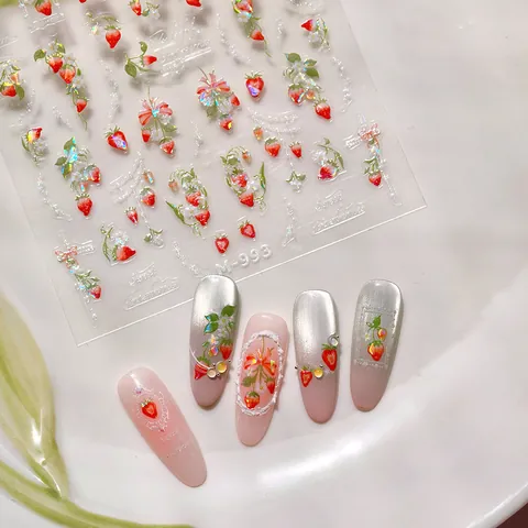 Pegatinas de Uñas de Fresa en Relieve 5D Dulce Lazo Floral Calcomanías Autoadhesivas para Mujeres DIY Decoración de Uñas M-993