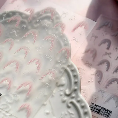 5D Relief Nail Art Stickers White Lace Bow Star Patterns Adhesive 3D Nail Decals For Women Wedding Manicure Decoration