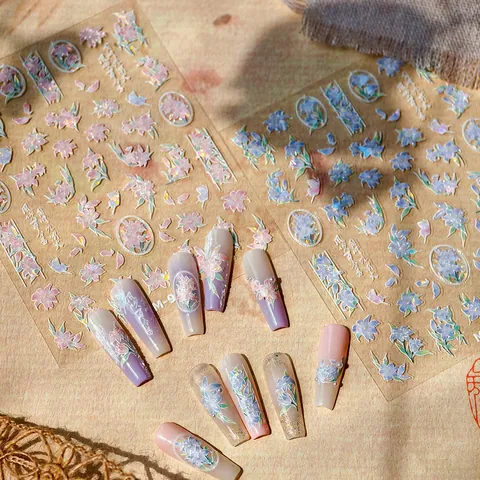 3D Relief Laser Holographic Flower Butterfly Nail Art Stickers 5D Embossed Floral Nail Decals For Women DIY Decoration