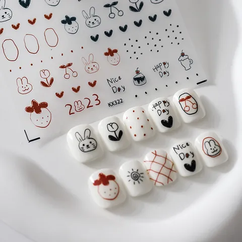 Süßer Cartoon Hase Erdbeere Nagelkunst Aufkleber KX-322 Handgezeichnete Tulpe Herz Muster Selbstklebende Nagelsticker Deko